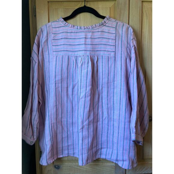 🧺J. Jill | 100% Linen Pink & black candy stripe peasant blouse | Large - Picture 3 of 7